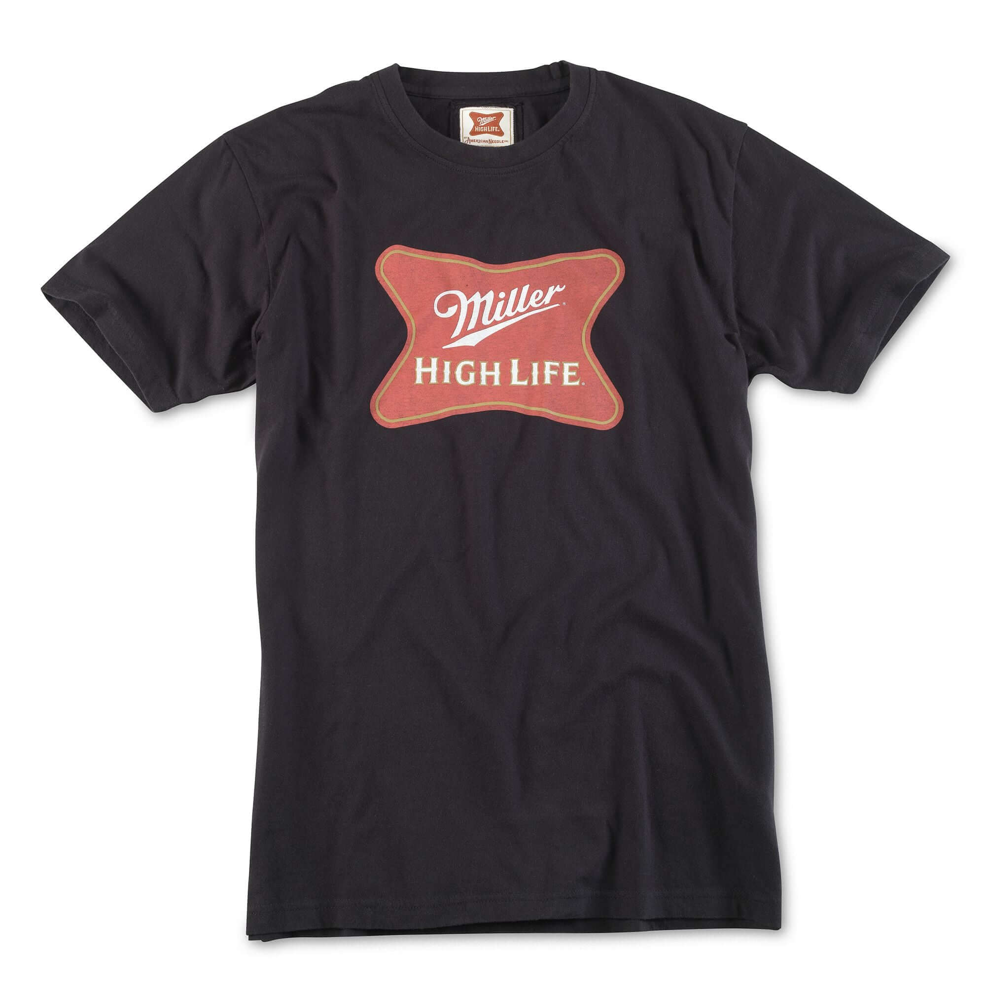 Black t-shirt with Miller High Life center chest logo