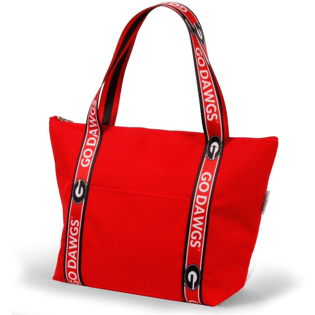 Red tote bag with &