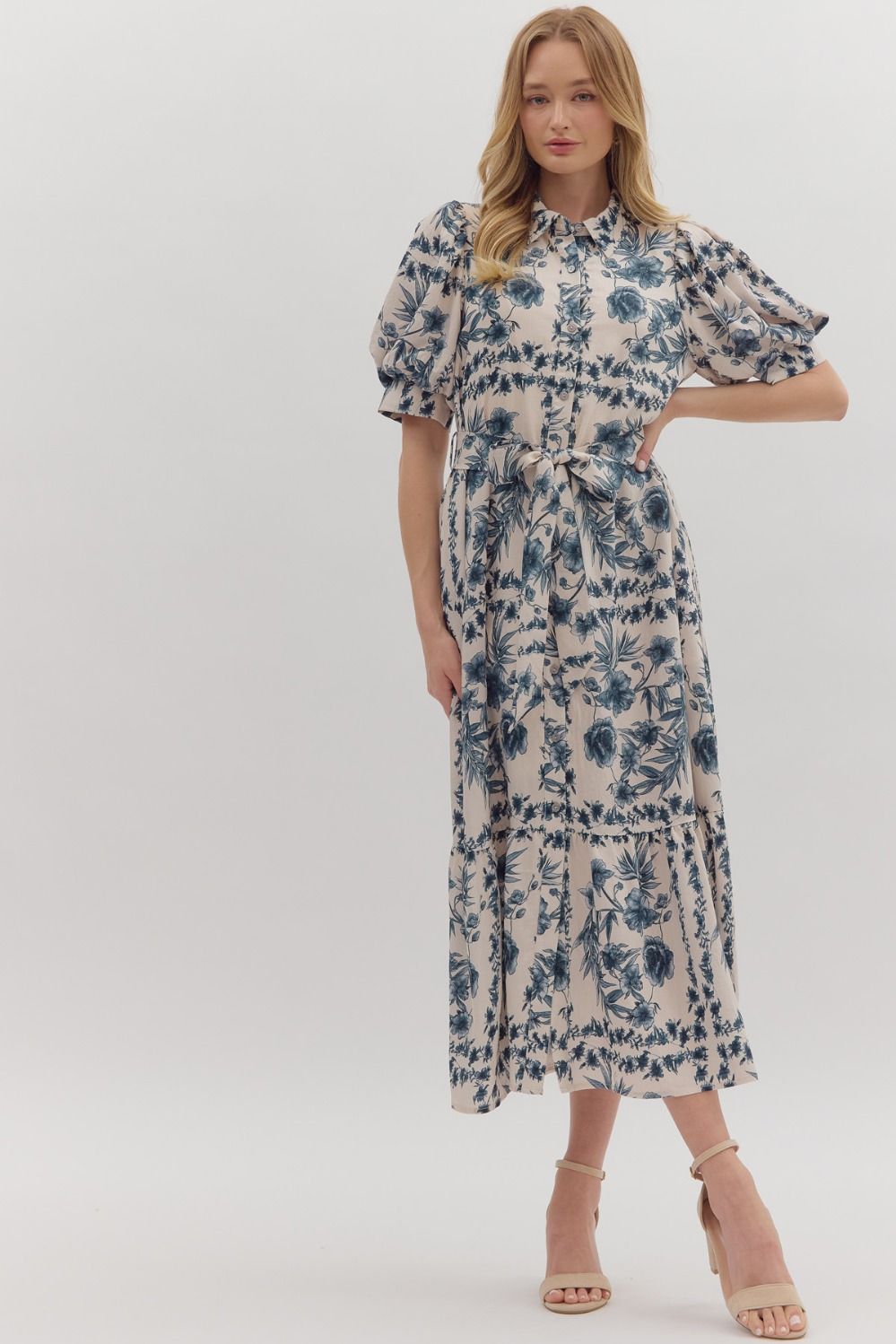 blue and white floral puff sleeve midi dress 