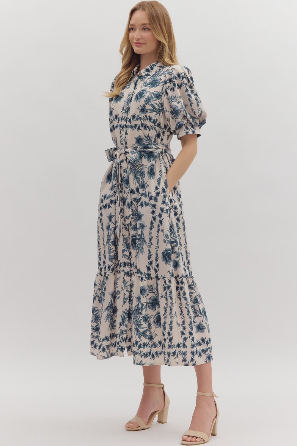 blue and white floral puff sleeve midi dress 