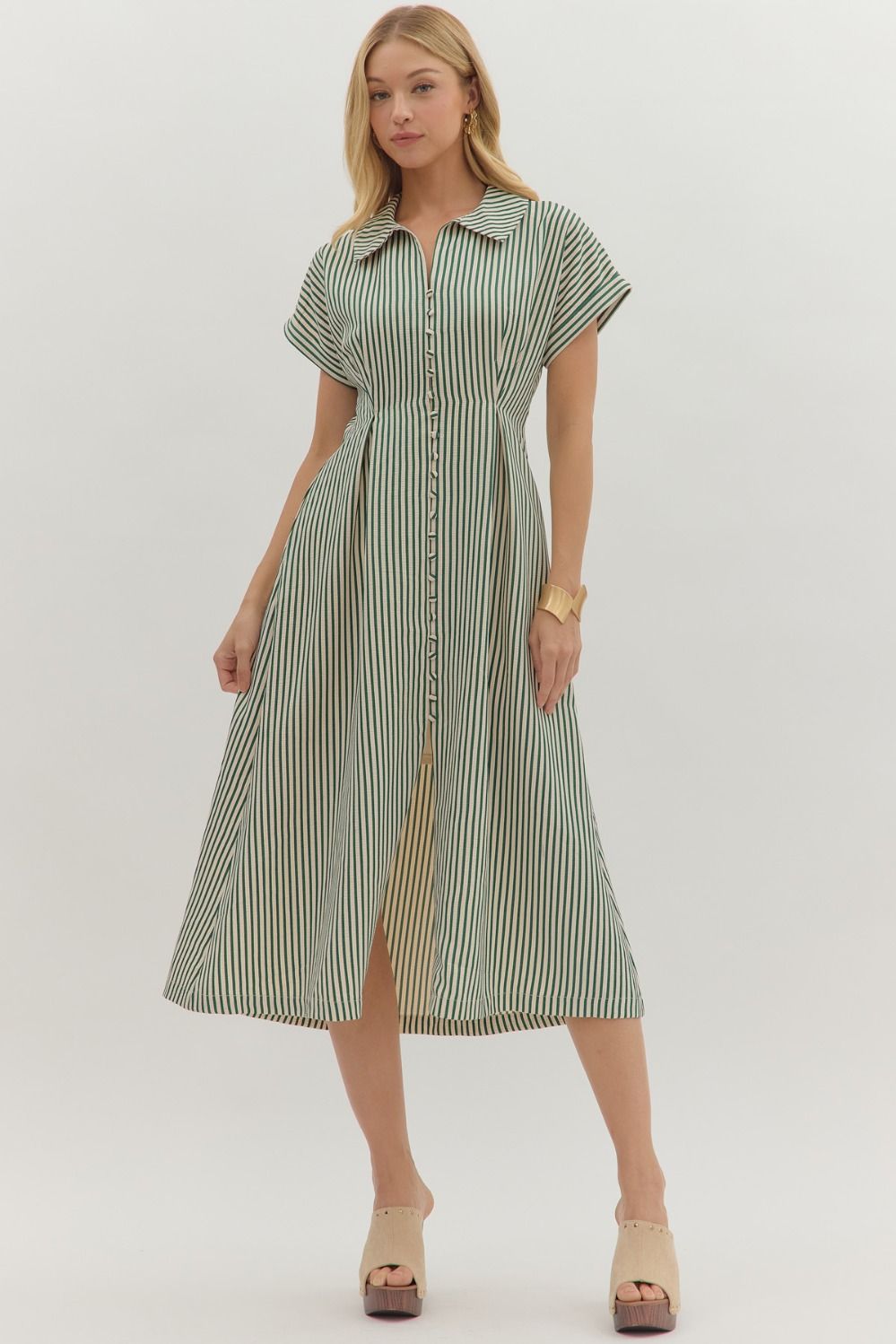 green and white striped midi dress