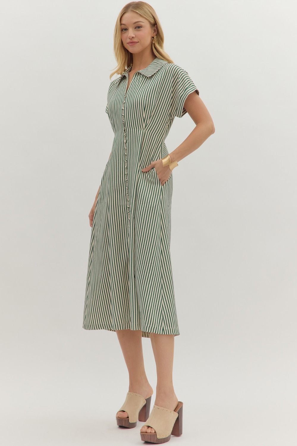 green and white striped midi dress