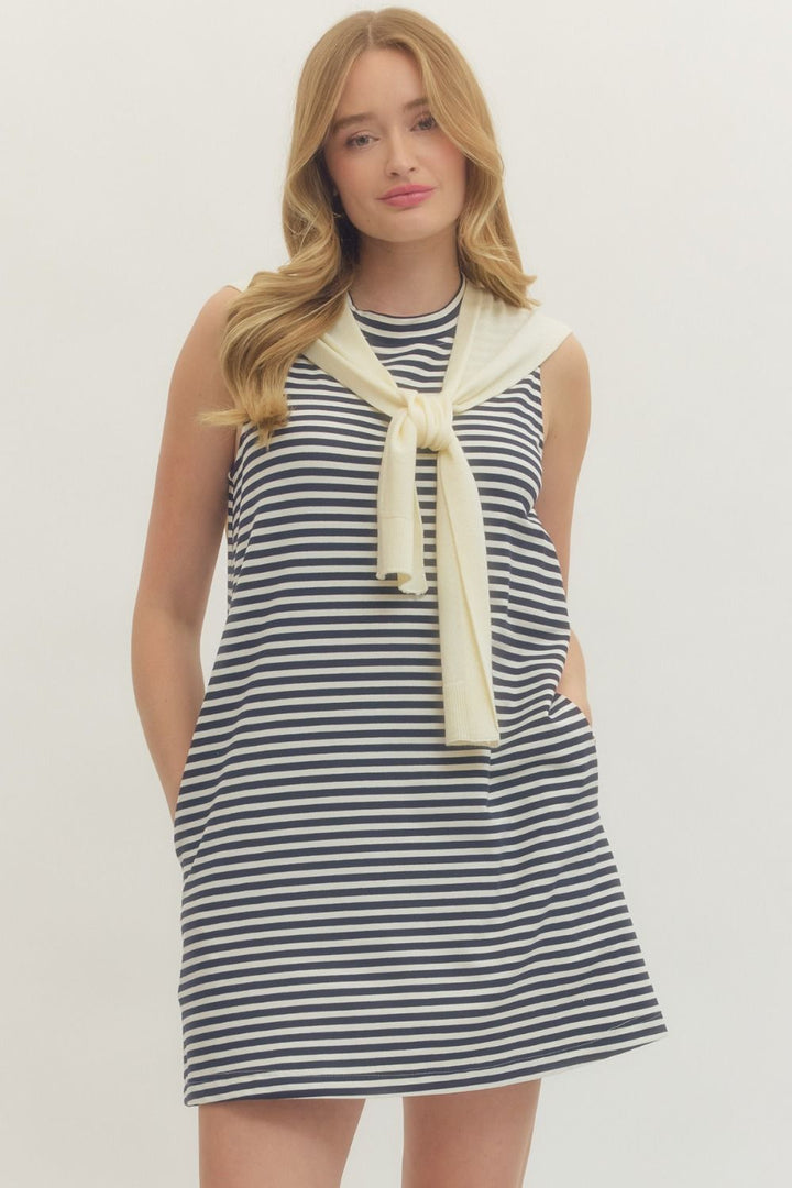 Nautical Striped Mini Dress with Chic Scarf Detail &amp; Pockets