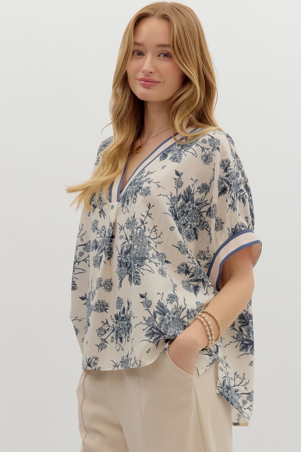 blue floral oversized pullover blouse 