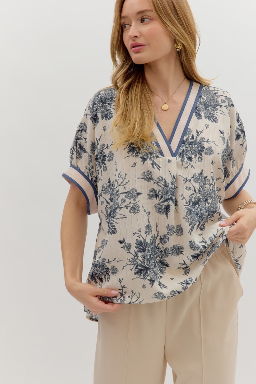 blue floral oversized pullover blouse 