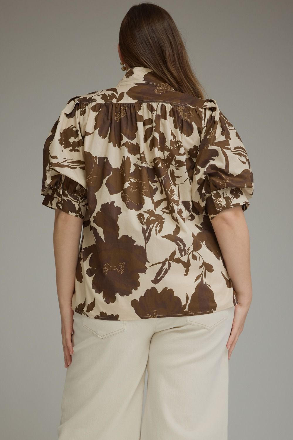 Entro Cream and Brown Puff Sleeve Floral Top