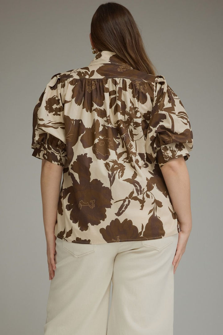 Entro Cream and Brown Puff Sleeve Floral Top