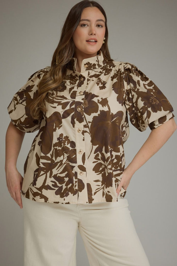 Entro Cream and Brown Puff Sleeve Floral Top