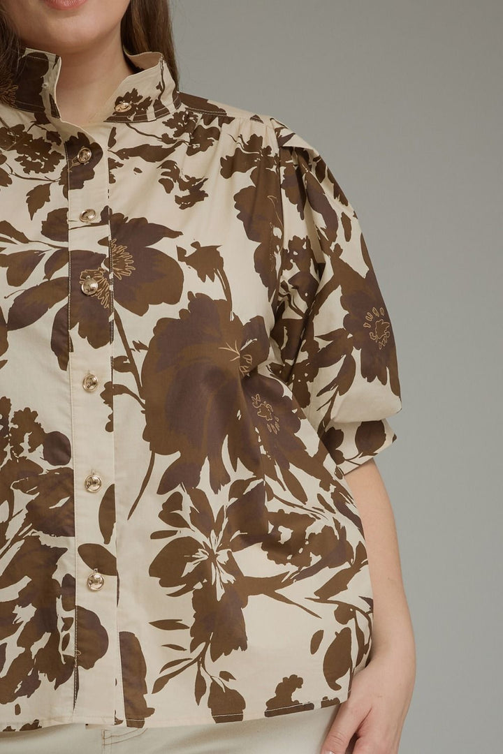 Entro Cream and Brown Puff Sleeve Floral Top