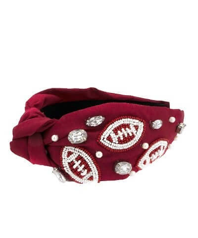 Game Day Football Beaded Headband  Burgundy and white