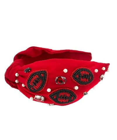 Game Day Football Beaded Headband  Red and Black
