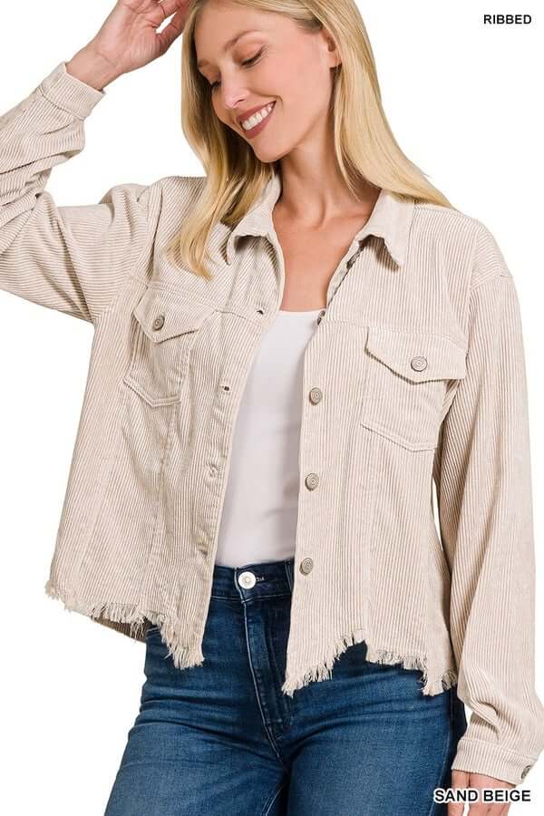 Distressed Corduroy Frayed Cropped Jacket