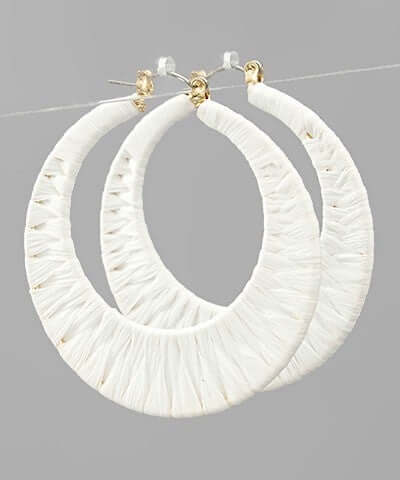Raffia Wrapped Crescent Hoops White