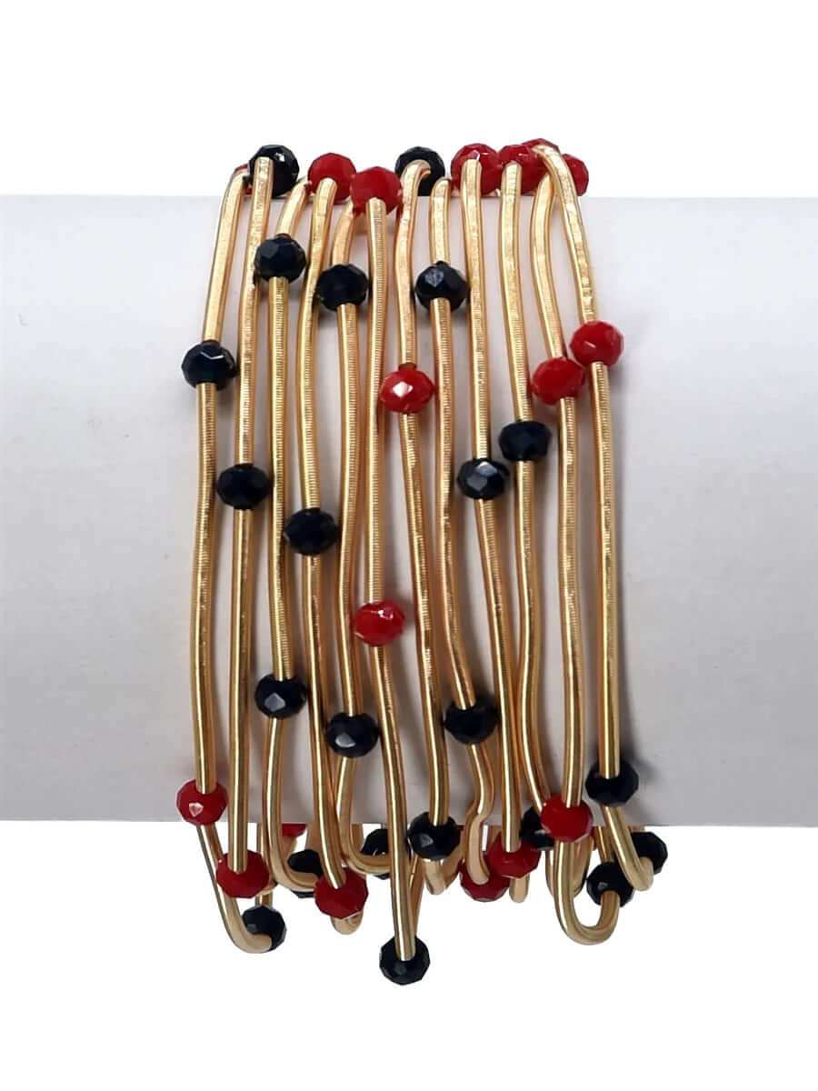 Set of 9 Gold Wired Stretch Bracelets with Black and Red Gameday Crystal Accents, Best Seller!