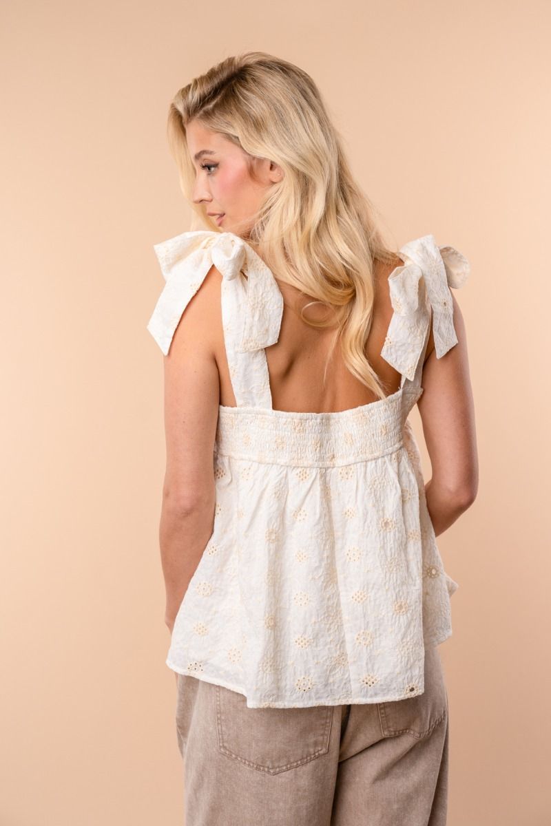 White eyelet top with tie straps