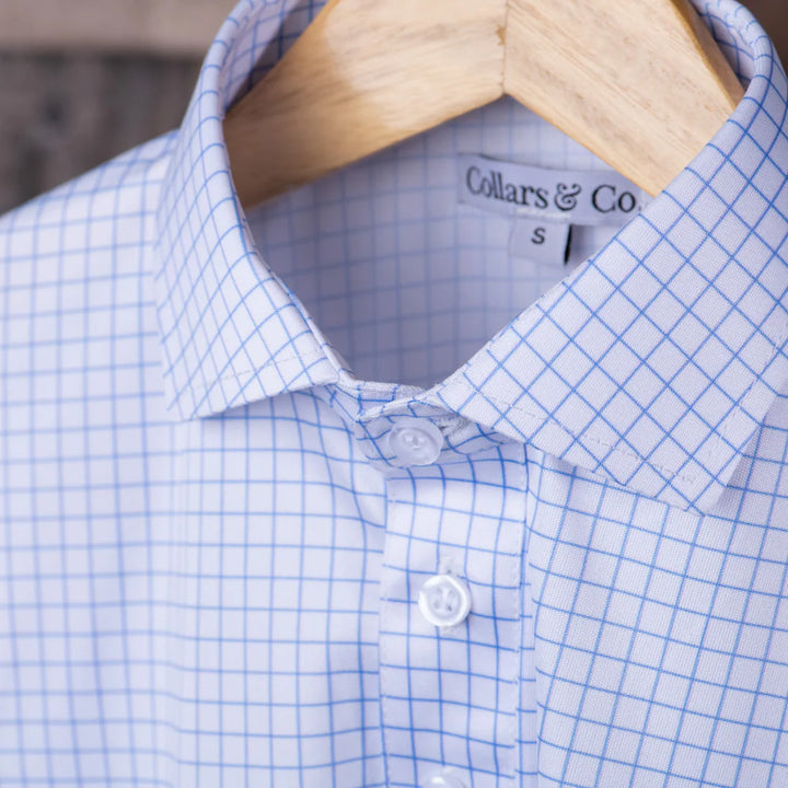 Collars &amp; Co. Semi-Spread Collar Polo Thin Blue Check