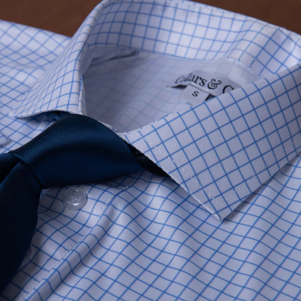 Collars &amp; Co. Semi-Spread Collar Polo Thin Blue Check